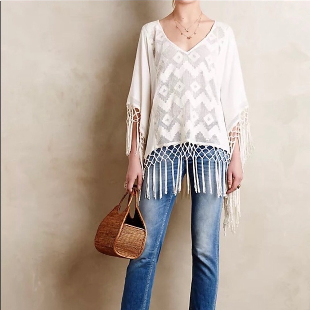 Anthropologie Lilka Cream White Fringe Poncho Top